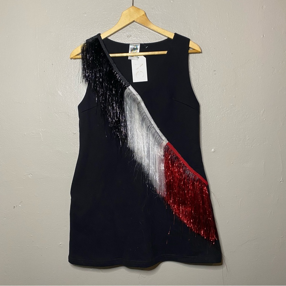 NEW Queen of Sparkles Red White Black Fringe Front Mini Dress Size Small - Picture 3 of 8